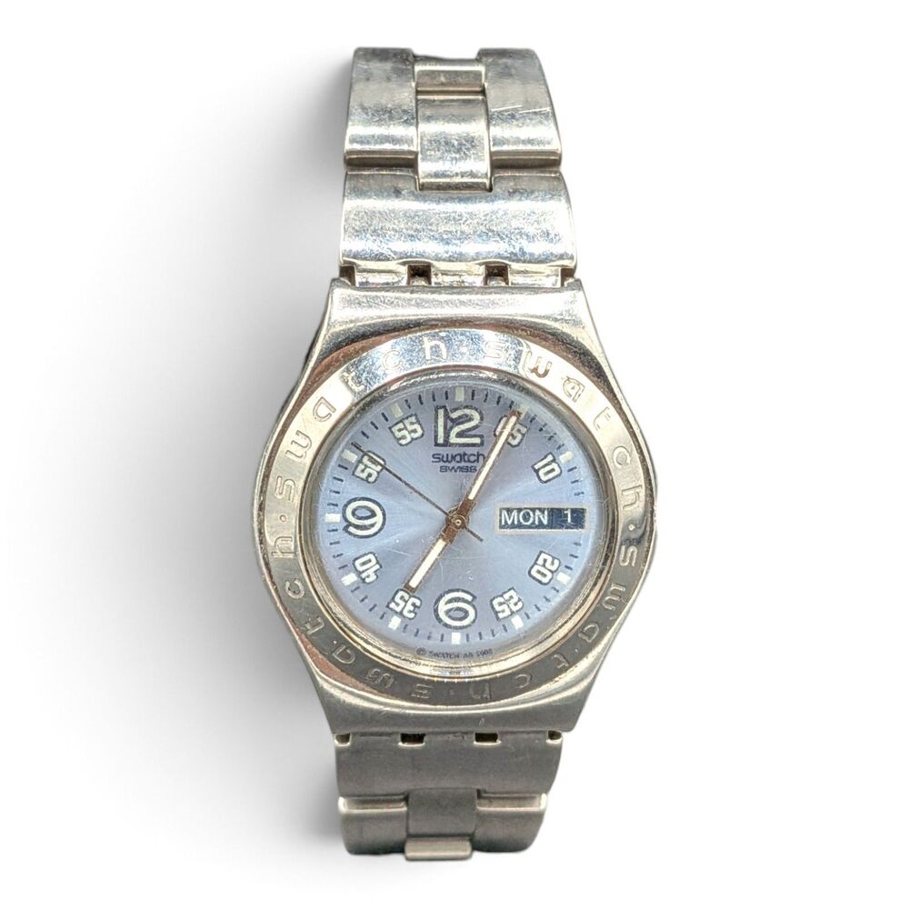 Swatch AG2003 Baby Blue DIal Day Date Stainless Steel Watch Womens New batt